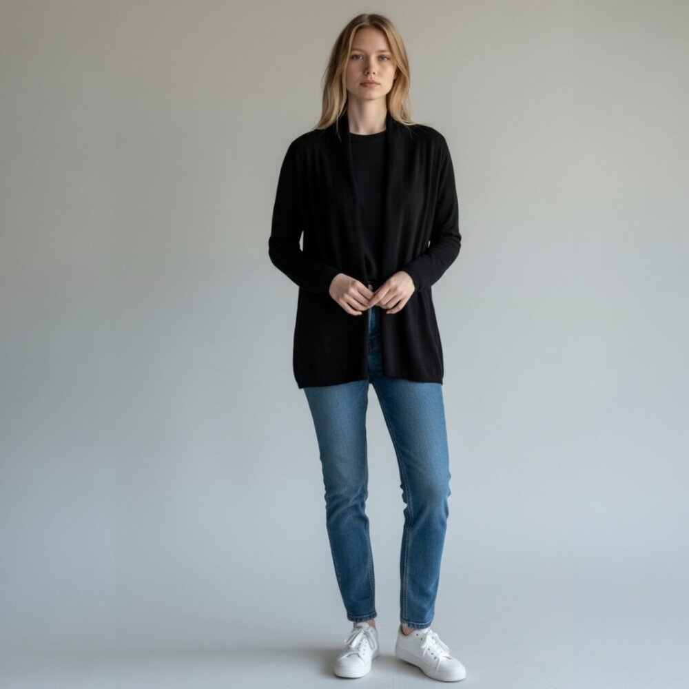 ZARA Black Open Front Cardigan Sweater Size M Lightweight Knit Office Casual